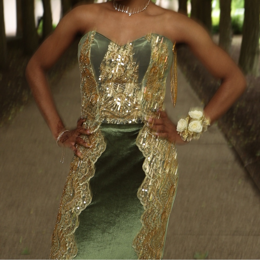 Elegant Green and Gold Prom Dress